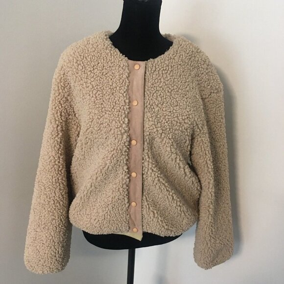 MOON RIVER Boho Faux Shearling Suede Makenna Cream Snap Front Sherpa Jacket XS - Picture 3 of 11